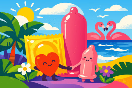 Cute couple of flamingo and condom on the beach in summer. Vector illustrationのイラスト素材