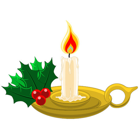 Christmas candle in gold holder with holly, berries and mistletoeのイラスト素材