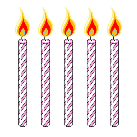 Five pink birthday candles in a row burning with bright flameのイラスト素材