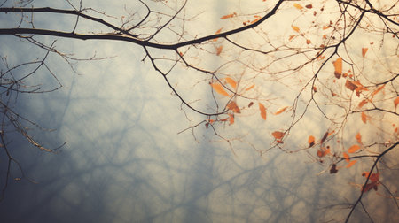 Autumn leaves on the branches of a tree in the fog.の素材