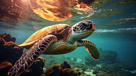 Hawaiian Green Sea Turtle (Eretmochelys imbricata) swimming underwater.の素材