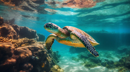 Hawaiian Green Sea Turtle swimming in the clear waters of the Pacific Oceanの素材