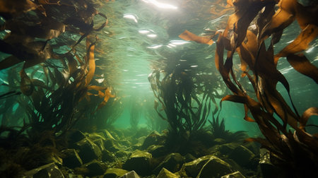 Underwater view of the seabed with kelp and algaeの素材