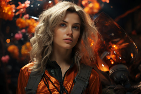 Portrait of a beautiful blonde girl in an orange jacket and backpack.の素材