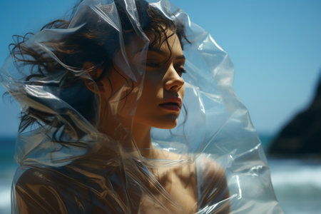 Beautiful young woman in a transparent plastic bag on the beach.の素材