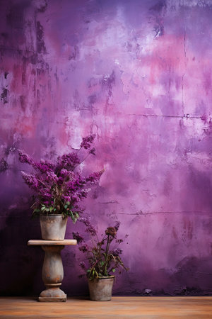 Vase with purple flowers on wooden table and grunge wall backgroundの素材