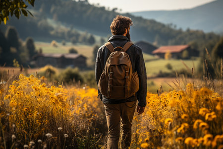 Back view of young man with backpack standing in the field with yellow flowers.の素材