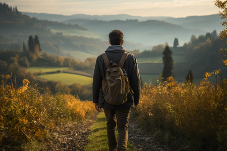 Rear view of a man with a backpack on his back walking along a country road in autumn.の素材