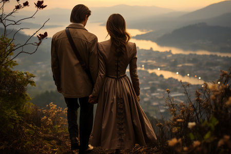 Back view of romantic couple in love walking on the top of the mountain.の素材
