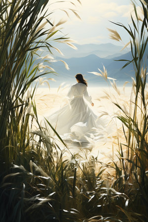 Beautiful bride in long white dress in the field of reedsの素材