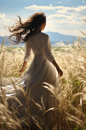 Beautiful young woman in wheat field on sunny day, back viewの素材