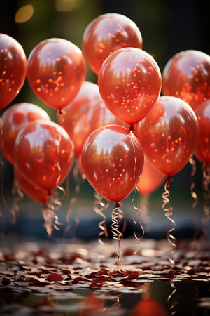 Red balloons with ribbons in the park, shallow depth of fieldの素材