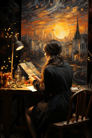 Young woman sitting at the table with a book in her hands and looking at the night cityの素材