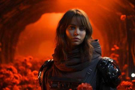 Beautiful girl in a dark tunnel with red flowers. Halloween.の素材