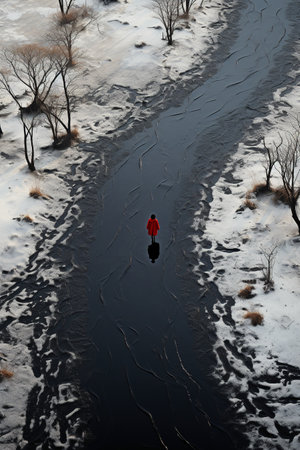 Winter landscape with a man in a red jacket walking along a frozen riverの素材