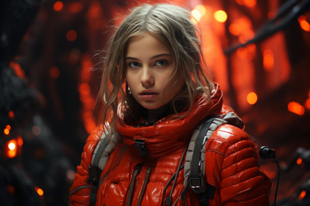 Portrait of a girl in a red jacket on a background of fireの素材