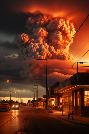 A huge cloud of smoke rises above a street in the city.の素材