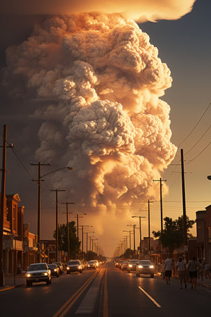 A huge cloud of smoke rises above the street of a small town.の素材