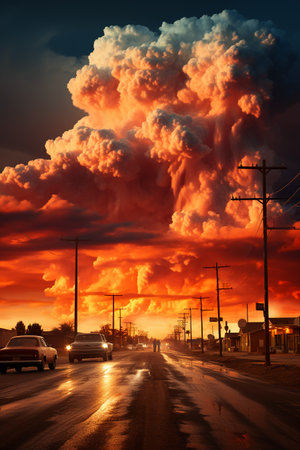 Dramatic sunset over a street in a small town, Polandの素材