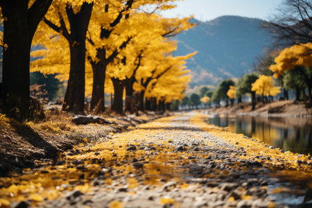 Ginkgo trees along the road in autumn, South Korea.の素材