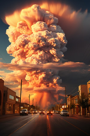 Big cloud of smoke rising from the street in the city at sunsetの素材