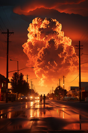 Man and woman walking on the street at sunset with big explosion.の素材