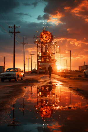Reflection of the Clock Tower in a puddle at sunset.の素材