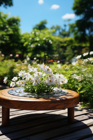 Beautiful bouquet of white daisies on wooden table outdoorsの素材