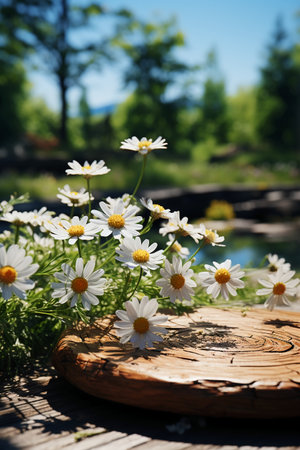 Beautiful daisies on wooden table in summer garden, closeupの素材