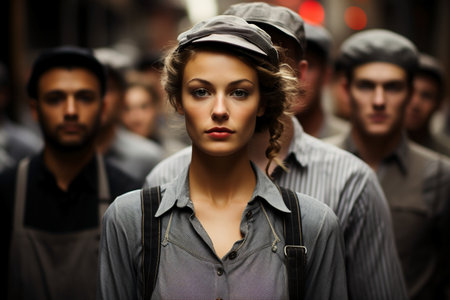 Fashionable young woman in hat posing in the city streets.の素材