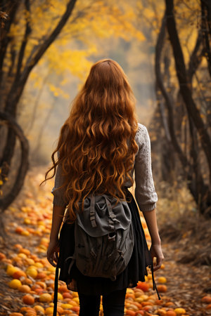 Back view of young woman with long red hair in autumn forest.の素材