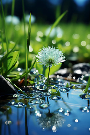 Water drops on green grass and flowers. Selective focus. Shallow depth of field.の素材