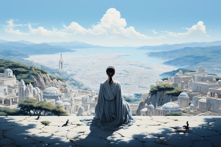 Young woman sitting on the top of the mountain and looking at the cityの素材