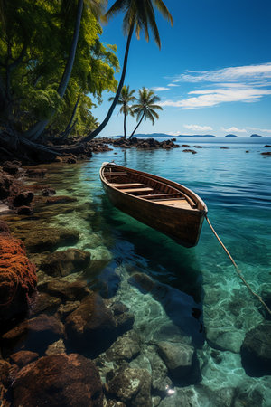 Tropical beach with palm trees and wooden boat, Seychellesの素材