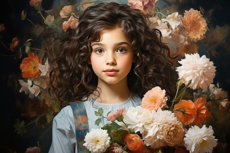 Portrait of a beautiful little girl with long curly hair and flowersの素材
