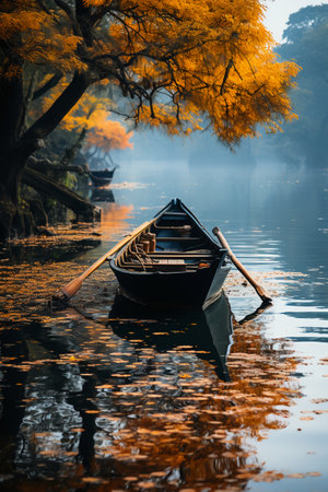 Wooden boat on the lake in autumn with foggy background.の素材