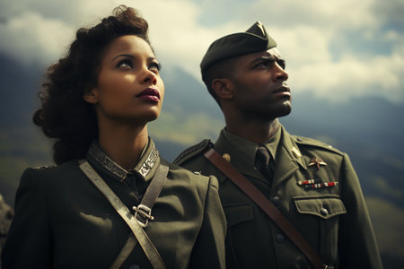African American woman and man in military uniform standing on top of mountainの素材