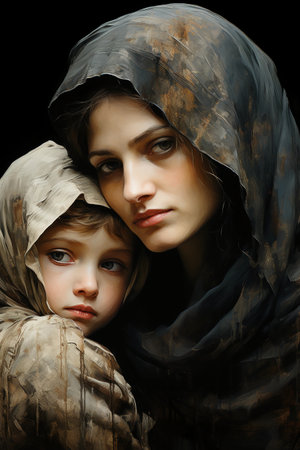 Beautiful young mother with her son in a raincoat on a black backgroundの素材