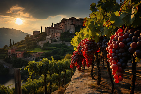 Vineyards in the Tuscany region of Italy at sunsetの素材