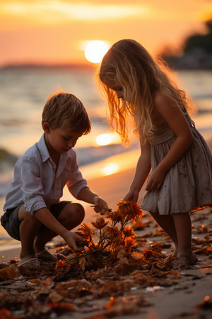 Little boy and girl playing with autumn leaves on the beach at sunsetの素材