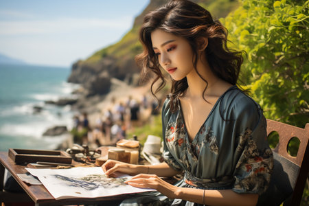 Portrait of a beautiful young asian woman sitting at the table and looking at the map.の素材