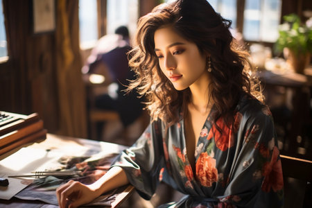 beautiful young woman with long curly hair sitting at table in cafeの素材