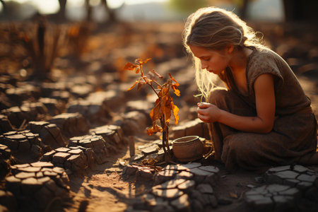 Cute little girl planting a tree in the garden at sunset.の素材