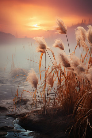 Autumn landscape with reeds on a foggy lake at sunsetの素材