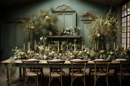 Elegant dining room with green walls and decorated with flowers and plantsの素材