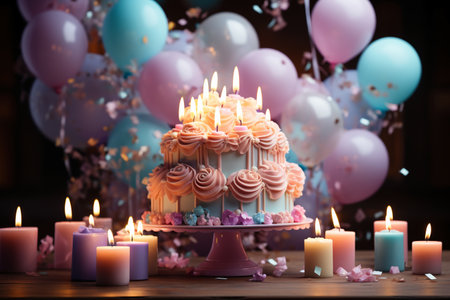 Birthday cake with candles and balloons on wooden table, closeupの素材