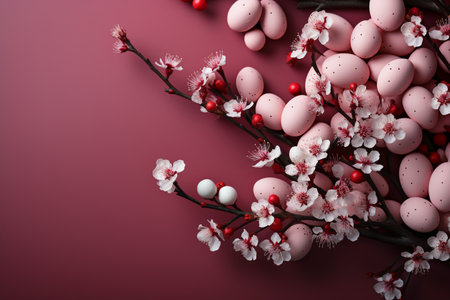 Easter eggs with cherry blossom branches on color background, top viewの素材