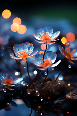 Beautiful flowers in the water with bokeh lights on backgroundの素材