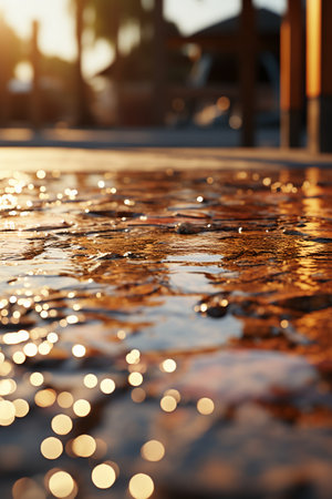 Water drops on the floor at sunset. Abstract background with bokeh effect.の素材