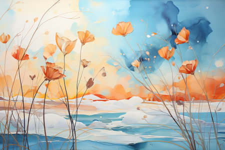 Abstract floral background. Digital painting of poppies in the water.の素材
